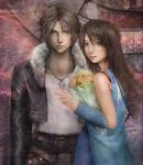  1girl arm_warmers bad_id belt blue_eyes brown_eyes brown_hair couple final_fantasy final_fantasy_viii jacket jewelry miche necklace ring rinoa_heartilly scar smile squall_leonhart v 