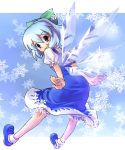  blue_hair bow cirno dress hair_bow katahira_masashi mary_janes outstretched_arms shoes short_hair smile snow snowflake snowflakes socks spread_arms touhou wings 