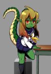  dragon_girl dragon_tail green_skin monster_girl original red_eyes ryujin_senpai ryuujin_no_senpai scales school_uniform serafuku soxy tail 
