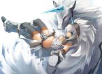  elbow_gloves gloves hairband horn horns kazuki_sanbi kirin kirin_(armor) long_hair lying midriff monster_hunter red_eyes thigh-highs thighhighs white_hair 