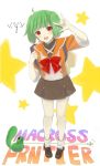  \m/ backpack bad_id bag blush bow bows green_hair hair_ribbon hair_ribbons highres macross macross_frontier ranka_lee red_eyes ribbon ribbons seikan_hikou short_hair skirt smile star stars twintails 