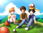  1girl 2boys baseball_cap field kasumi_(pokemon) multiple_boys nefis pikachu poke_ball pokemon pokemon_(anime) pokemon_(creature) satoshi_(pokemon) takeshi_(pokemon) 