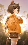  bad_id bag black_hair bob_cut brown_hair cat_ears cat_tail child fish flat_chest grass hand_in_pocket jacket looking_back nature orange_eyes original outdoors sano_toshihide short_hair shorts sky solo standing sun sunset tail 