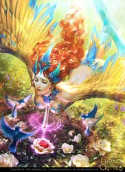  1girl artist_name back bird blood blue_eyes breasts cleavage copyright_name crying curly_hair dagger feathered_wings feathers flower hair_ornament harpy leaf legend_of_the_cryptids long_hair magic_circle monster_girl navel no_shoes official_art orange_hair rose solo tatiana_kirgetova weapon wings 