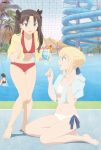  2girls ahoge artist_request artoria_pendragon_(all) barefoot belly_button bikini black_hair blonde_hair blue_eyes cherry cute drink emiya-san_chi_no_kyou_no_gohan fate/hollow_ataraxia fate/stay_night fate_(series) flower fruit green_eyes long_hair official_art orange pool red_bikini saber straw summer tohsaka_rin towel twintails wet white_bikini 