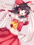  1girl :o ascot bangs black_hair bow breasts brown_eyes detached_sleeves frilled_bow frills gohei hair_bow hair_tubes hakurei_reimu hakusai_ponzu holding long_sleeves looking_at_viewer medium_breasts medium_hair navel open_mouth red_bow red_skirt ribbon-trimmed_sleeves ribbon_trim skirt solo stomach touhou v-shaped_eyebrows wide_sleeves yellow_neckwear 