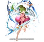  1girl :d ankleband bangs barefoot blush bracelet character_request dress fire_emblem fire_emblem_heroes fish floating_hair full_body green_eyes green_hair headpiece holding jewelry long_hair matsui_hiroaki official_art open_mouth pink_dress pointy_ears ponytail short_dress simple_background smile solo standing standing_on_one_leg tropical_fish water watermark white_background wings 