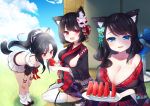  3girls :d animal_ears azur_lane bare_shoulders bell black_hair black_kimono black_shirt blue_eyes blue_sky blush breasts butterfly_hair_ornament cat_ears cat_mask cleavage clouds cloudy_sky collarbone commentary_request crop_top day electric_fan fang floral_print food fusou_(azur_lane) hair_ornament hands_on_legs holding holding_food holding_plate japanese_clothes jingle_bell kimono koko_ne_(user_fpm6842) large_breasts leaning_forward long_hair long_sleeves looking_at_viewer loose_socks mask mask_on_head mechanical_ears midriff multiple_girls off_shoulder open_mouth outdoors plate pleated_skirt ponytail popsicle print_kimono puffy_short_sleeves puffy_sleeves red_eyes ribbon_trim round_teeth shigure_(azur_lane) shirt short_kimono short_sleeves sidelocks skirt sky smile tail teeth thigh-highs upper_teeth very_long_hair watermelon_bar white_legwear white_skirt wide_sleeves wind_chime wolf_ears wolf_girl wolf_tail yamashiro_(azur_lane) 