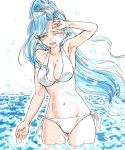  1girl blue_hair breasts chrono_trigger cleavage commentary_request groin large_breasts long_hair looking_at_viewer ponytail s-a-murai schala_zeal solo swimsuit 