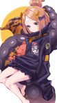  1girl abigail_williams_(fate/grand_order) alternate_hairstyle bandaid_on_forehead bangs barefoot belt black_bow black_jacket blonde_hair blue_eyes blush bow fate/grand_order fate_(series) feet forehead hair_bow hair_bun high_collar highres holding holding_stuffed_animal jacket legs long_hair looking_at_viewer misumi_(macaroni) open_mouth orange_bow parted_bangs polka_dot polka_dot_bow simple_background sitting sleeves_past_fingers sleeves_past_wrists solo stuffed_animal stuffed_toy suction_cups teddy_bear tentacle thighs white_background 