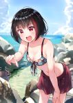  1girl :d animal bang_dream! bangs bare_arms bare_shoulders bikini bikini_skirt black_hair blue_sky blurry blurry_background blush breasts cleavage clouds collarbone commentary_request crab day depth_of_field eyebrows_visible_through_hair fingernails floral_print front-tie_bikini front-tie_top hand_on_leg highres horizon leaning_forward medium_breasts mitake_ran multicolored_hair ocean open_mouth outdoors pointing print_bikini red_bikini red_eyes redhead rock round_teeth sky smile solo streaked_hair swimsuit teeth tsukiman upper_teeth water wet 
