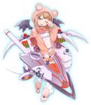  1girl ;d black_choker blush bow bowtie bra breasts brown_hoodie choker dolls_order eyebrows_visible_through_hair fang green_eyes half-closed_eye hand_on_own_face holding holding_weapon hood hoodie light_brown_hair low_twintails mecha_musume mechanical_wings merlin_(dolls_order) navel neon_trim official_art one_eye_closed open_clothes open_hoodie open_mouth pajamas panties pink_hoodie pinky_out red_neckwear sleepy small_breasts smile solo transparent_background twintails underwear watanabe_akio weapon white_bra white_footwear white_legwear white_panties wings 