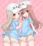  2girls blue_shirt blush brown_eyes brown_hair brown_shorts commentary_request hand_holding hat hataraku_saibou long_hair looking_back multiple_girls open_mouth platelet_(hataraku_saibou) rabeomega shirt shorts smile 