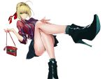  1girl ahoge artist_request bag blonde_hair blouse boots fate/grand_order fate_(series) green_eyes hair_intakes handbag high_heels highres holding legs_crossed nero_claudius_(fate) nero_claudius_(fate)_(all) red_ribbon ribbon shoes skirt solo 