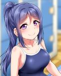  1girl bare_shoulders blue_hair blue_swimsuit blurry blurry_background blush breasts collarbone commentary_request competition_school_swimsuit eyebrows_visible_through_hair large_breasts long_hair looking_at_viewer love_live! love_live!_sunshine!! matsuura_kanan one-piece_swimsuit ponytail shoulder_blush sidelocks smile solo swimsuit upper_body violet_eyes yopparai_oni 