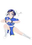  1girl bangs bare_legs blue_dress blue_eyes blue_hair boots bracelet bun_cover capcom china_dress chinese_clothes chun-li chun-li_(cosplay) commentary cosplay dokidoki!_precure double_bun dress hishikawa_rikka jewelry pixiv precure puffy_short_sleeves puffy_sleeves short_sleeves solo spiked_bracelet spikes street_fighter thighs tkd405 white_background white_footwear 