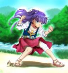  1girl :o aoba_(smartbeat) bandaged_knees blue_eyes clenched_hands cross fate/grand_order fate_(series) fighting_stance forest long_hair nature purple_hair saint_martha sandals skirt solo tree younger 
