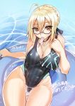  1girl ahoge artoria_pendragon_(all) artoria_pendragon_(swimsuit_rider_alter) bespectacled black_swimsuit blonde_hair braid breasts celebration cleavage competition_swimsuit def_(chronowarld) erect_nipples fate/stay_night fate_(series) food french_braid glasses gluteal_fold hair_bun innertube large_breasts looking_at_viewer mouth_hold one-piece_swimsuit partially_submerged popsicle saber_alter signature sitting solo striped striped_swimsuit swimsuit thigh_gap water yellow_eyes 
