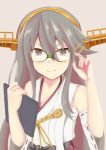  1girl adjusting_eyewear bangs bare_shoulders bespectacled brown_background brown_eyes closed_mouth commentary_request detached_sleeves eyebrows_visible_through_hair glasses green-framed_eyewear grey_hair hair_between_eyes hair_ornament hairband haruna_(kantai_collection) jewelry kantai_collection looking_at_viewer mitsurui nontraditional_miko remodel_(kantai_collection) ribbon-trimmed_sleeves ribbon_trim sidelocks simple_background smile solo v-shaped_eyebrows 