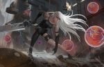  1girl android armlet bare_shoulders battle black_gloves black_shorts blue_eyes breasts collarbone commentary debris drone elbow_gloves electricity english_commentary fighting_stance gloves holding holding_sword holding_weapon long_hair medium_breasts mole mole_under_mouth nier_(series) nier_automata orb outdoors pink_lips pod_(nier_automata) robot robot_joints short_shorts shorts silver_hair sword sword_behind_back tank_top weapon yagaminoue yorha_type_a_no._2 