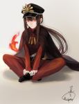  black_cape black_footwear black_hat brown_hair cape check_character fate/grand_order fate_(series) gloves grey_background hat indian_style long_hair looking_at_viewer military_hat mizutame_tori oda_nobunaga_(fate) pale_skin red_eyes sheath sheathed signature sitting white_gloves 