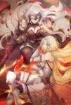  2girls armor armored_boots armored_dress bare_shoulders black_dress boots breasts chains cleavage clenched_teeth closed_eyes closed_mouth detached_sleeves dress eyebrows_visible_through_hair fate/grand_order fate_(series) flower fur_trim gauntlets headpiece highres holding holding_sword holding_weapon jeanne_d&#039;arc_(alter)_(fate) jeanne_d&#039;arc_(fate) jeanne_d&#039;arc_(fate)_(all) large_breasts long_hair lying multiple_girls no-kan on_side petals rose rose_petals silver_hair sword teeth thigh-highs very_long_hair weapon yellow_eyes 