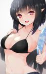  1girl :d bangs bare_shoulders bikini black_bikini black_hair black_wings blush breasts cleavage commentary_request eyebrows_visible_through_hair fang feathered_wings grey_background hair_between_eyes hand_up highres holding large_breasts long_hair navel open_mouth pointy_ears red_eyes shameimaru_aya smile solo strap_gap swimsuit touhou wings yusake_san 
