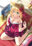  ahoge barefoot blonde_hair blush breasts cleavage cooler eyebrows_visible_through_hair fate/grand_order fate_(series) flower frills from_above green_eyes hair_flower hair_ornament hibiscus highres large_breasts looking_at_viewer looking_up nero_claudius_(fate) nero_claudius_(fate)_(all) one-piece_swimsuit red_swimsuit shoes_removed short_hair sitting skywaker smile swimsuit undressing 
