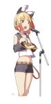  1girl absurdres animal_ears belt black_shorts blonde_hair blush cat_ears cloba collarbone cosplay detached_sleeves fang flat_chest flower hair_flower hair_ornament hairband hands_on_own_chest headphones highres kagamine_rin kagamine_rin_(cosplay) long_sleeves microphone_stand music navel open_mouth original pink_flower school_uniform serafuku short_hair shorts simple_background singing socks standing vocaloid white_background white_hairband yellow_eyes yellow_legwear 