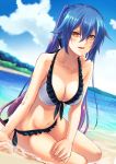  1girl beach bikini blue_hair blue_sky breasts cleavage clouds collarbone day eyebrows_visible_through_hair frilled_bikini frills gradient_hair grey_bikini hair_between_eyes halterneck highres long_hair looking_at_viewer medium_breasts multicolored_hair navel ocean open_mouth orange_eyes outdoors phantasy_star phantasy_star_online_2 purple_hair quna_(pso2) shimozuki_shio sitting sky solo swimsuit twintails very_long_hair 