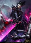  1boy armor artist_name black_hair blood cape copyright_name faceless faceless_male feathered_wings gloves legend_of_the_cryptids long_hair male_focus official_art red_eyes solo sword tatiana_kirgetova weapon wings 