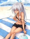  1girl alternate_hairstyle beach bikini black_bikini black_shorts blue_eyes blue_sky cloudy eyebrows_visible_through_hair food hair_between_eyes hibiki_(kantai_collection) highres ice kantai_collection kuuru_(kuuru-n) long_hair looking_at_viewer ocean ponytail short_shorts shorts silver_hair sitting sky swimsuit tan tanline verniy_(kantai_collection) 