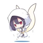  1girl bangs beni_shake black_hair black_legwear capelet chibi closed_mouth commentary_request dress eyebrows_visible_through_hair fate/grand_order fate_(series) flying flying_sweatdrops hair_between_eyes head_tilt hood hood_down hooded_capelet looking_away ortlinde_(fate/grand_order) red_eyes short_hair solo thigh-highs valkyrie_(fate/grand_order) white_background white_capelet white_dress 