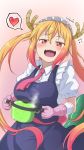  1girl apron artist_name blonde_hair blush breasts cowboy_shot dated dragon_horns dragon_tail fangs gloves gradient gradient_background gradient_hair hair_between_eyes heart highres horns kobayashi-san_chi_no_maidragon large_breasts lolboja long_hair looking_at_viewer maid maid_apron multicolored_hair necktie open_mouth pink_background pot red_eyes redhead simple_background slit_pupils solo spoken_heart steam tail tooru_(maidragon) twintails two-tone_background 