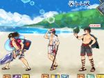  3boys belt black_hair eyewear_on_head fake_screenshot fate/grand_order fate_(series) flower food fruit gameplay_mechanics hand_in_pocket hat hawaiian_shirt hibiscus hijikata_toshizou_(fate/grand_order) innertube inuo_(gyawawan) jacket_on_shoulders koha-ace male_focus male_swimwear multiple_boys okada_izou_(fate) open_clothes open_shirt ponytail sakamoto_ryouma_(fate) sandals shirt shorts smile sparkle sunglasses swim_trunks swimwear sword toned toned_male umbrella watermelon weapon white_hat 