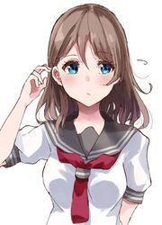  amagai_shou blush brown_hair eyebrows_visible_through_hair long_hair love_live! love_live!_sunshine!! neckerchief red_neckwear school_uniform short_sleeves uranohoshi_school_uniform watanabe_you 