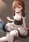  1girl alternate_costume apron arm_support black_bow black_skirt bow bowtie breasts brown_hair choker cleavage collarbone enmaided eyebrows_visible_through_hair flugel_(kaleido_scope-710) frilled_skirt frills hair_between_eyes highres maid miniskirt misaka_mikoto short_hair sitting skirt small_breasts solo thigh-highs to_aru_majutsu_no_index wet wet_hair white_apron white_legwear yellow_eyes zettai_ryouiki 