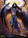  1boy abs armored_boots artist_name bare_shoulders black_hair blue_eyes boots copyright_name feathered_wings feathers legend_of_the_cryptids long_hair male_focus official_art rock shirtless solo tatiana_kirgetova tattoo wings 