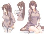  1girl blush breasts brown_hair closed_eyes closed_mouth flower hair_between_eyes hair_flower hair_ornament highres kantai_collection large_breasts long_hair looking_at_viewer mizuchi_(mizuchi7118) ponytail red_eyes simple_background smile solo sweater underwear very_long_hair white_background yamato_(kantai_collection) 