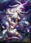  1girl artist_name bracelet breasts cleavage copyright_name electricity glowing glowing_eyes high_heels jewelry leaf legend_of_the_cryptids long_hair midriff monster night night_sky official_art red_eyes sky solo star_(sky) tatiana_kirgetova thigh-highs tree violet_eyes white_hair 