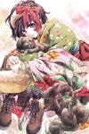  1girl animal black_eyes black_hair blush bow brown_footwear commentary_request cross-laced_footwear dog floral_print fur_hairband hair_ornament japanese_clothes kimono knees_to_chest looking_at_viewer original shoes short_hair sitting smile yukinbo78 