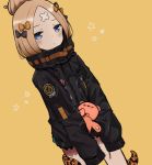  1girl abigail_williams_(fate/grand_order) alternate_hairstyle bandaid_on_forehead bangs belt black_bow black_jacket blonde_hair blue_eyes blush bow closed_eyes coraman fate/grand_order fate_(series) forehead hair_bow hair_bun high_collar holding holding_stuffed_animal jacket long_hair looking_at_viewer orange_bow parted_bangs polka_dot polka_dot_bow simple_background sleeves_past_fingers sleeves_past_wrists solo star stuffed_animal stuffed_toy teddy_bear tentacle thighs yellow_background 