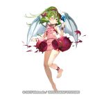  1girl ankleband bangs barefoot blush bracelet chiki clenched_teeth dress fire_emblem fire_emblem_heroes full_body green_eyes green_hair headpiece holding jewelry long_hair matsui_hiroaki official_art one_eye_closed pink_dress pointy_ears ponytail short_dress simple_background solo teeth watermark white_background wings 
