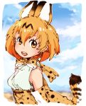  1girl :d animal_ears bangbaek bangs bare_shoulders blue_sky bow bowtie extra_ears hair_between_eyes high-waist_skirt kemono_friends looking_at_viewer open_mouth orange_eyes orange_hair outdoors outline round_teeth serval_(kemono_friends) serval_ears serval_print serval_tail shirt short_hair skirt sky smile solo striped_tail tail tail_raised teeth upper_body white_outline white_shirt 