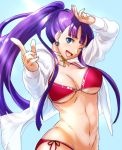  1girl ;d alternate_hairstyle aoba_(smartbeat) arm_up bikini blue_background blue_eyes breasts choker cleavage cross earrings fate/grand_order fate_(series) hair_over_shoulder jacket jewelry large_breasts long_hair looking_at_viewer navel one_eye_closed open_clothes open_jacket open_mouth pink_bikini pinky_out pointing pointing_at_viewer ponytail purple_hair red_bikini saint_martha side-tie_bikini smile solo swimsuit very_long_hair 
