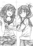  2girls absurdres anchor_symbol bangs blush collarbone cowboy_shot eyebrows_visible_through_hair fang folded_ponytail greyscale hair_between_eyes hair_ornament hairclip hand_up head_tilt highres holding holding_torpedo ikazuchi_(kantai_collection) inazuma_(kantai_collection) kantai_collection kojima_takeshi long_hair long_sleeves monochrome multiple_girls neckerchief open_mouth pleated_skirt rolling_sleeves_up sailor_collar school_uniform serafuku sidelocks skirt smile standing tareme torpedo wind wind_lift 