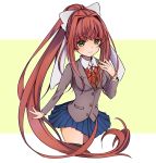  1girl black_legwear blazer blue_skirt brown_hair brown_jacket brown_sweater doki_doki_literature_club hand_to_own_face jacket long_hair monika_(doki_doki_literature_club) ponytail ribbon school_uniform shirt skirt solo sweater thigh-highs very_long_hair white_shirt wind wind_lift 