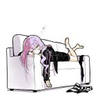  #compass 1girl asymmetrical_hair barefoot closed_eyes commentary_request couch dress drill_hair hair_flowing_over head_on_arm heart highres lavender_hair legs legs_up long_hair lying marking_on_cheek megumegu multicolored_hair no_shoes on_couch on_stomach parted_lips pink_hair poaro simple_background single_drill sleeping sleepy solo sweater sweater_dress thick_outlines thighhighs_removed two-tone_hair white_background 