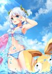  1girl :d \m/ arm_up armpits bangs bare_shoulders benghuai_xueyuan bikini blue_bikini_top blue_eyes blue_flower blue_hair blue_sky blush breasts chahei clouds day eyebrows_visible_through_hair flower groin hair_between_eyes hair_flower hair_ornament highres honkai_impact innertube long_hair navel open_mouth outdoors pink_innertube side-tie_bikini sky small_breasts smile solo standing striped striped_bikini_bottom swimsuit theresa_apocalypse wading water yellow_flower 