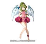  1girl :d ankleband bangs barefoot blush bracelet chiki dress fire_emblem fire_emblem_heroes full_body green_eyes green_hair headpiece holding jewelry long_hair looking_at_viewer matsui_hiroaki official_art open_mouth pink_dress pointy_ears ponytail short_dress simple_background smile solo watermark white_background wings 